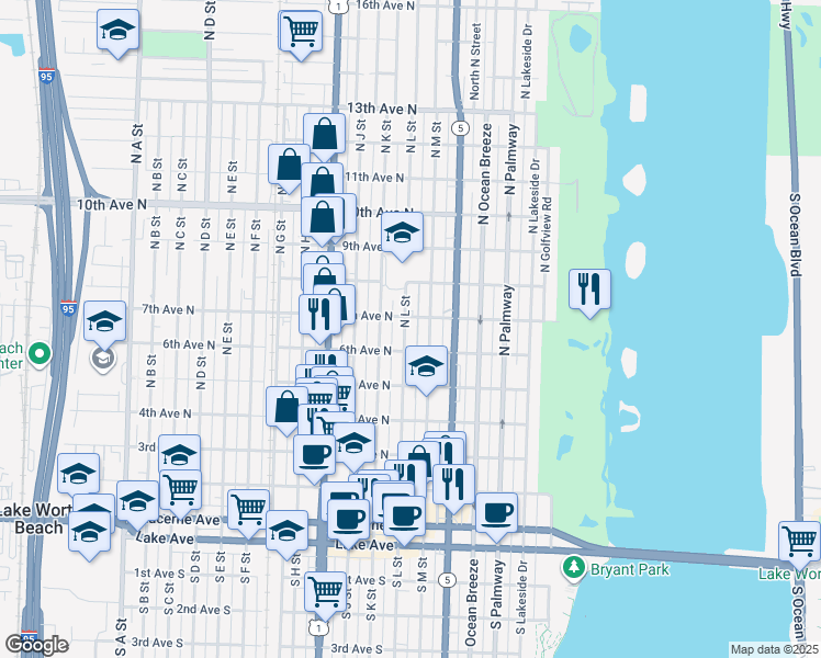map of restaurants, bars, coffee shops, grocery stores, and more near 625 North M Street in Lake Worth