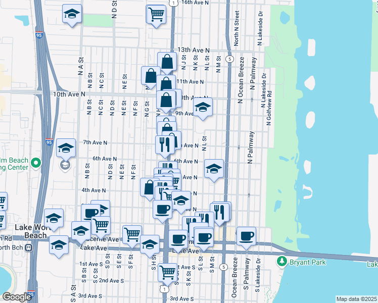 map of restaurants, bars, coffee shops, grocery stores, and more near 620 North K Street in Lake Worth
