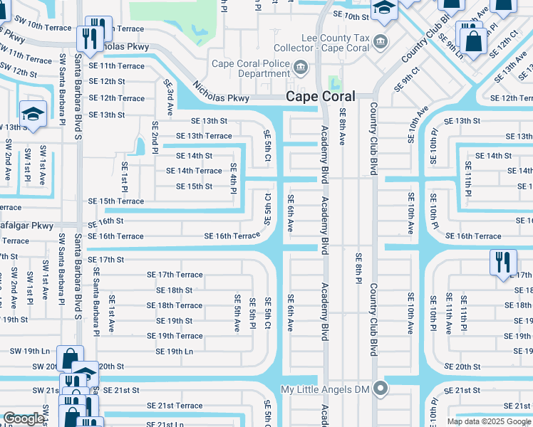 map of restaurants, bars, coffee shops, grocery stores, and more near 1522 Southeast 5th Court in Cape Coral