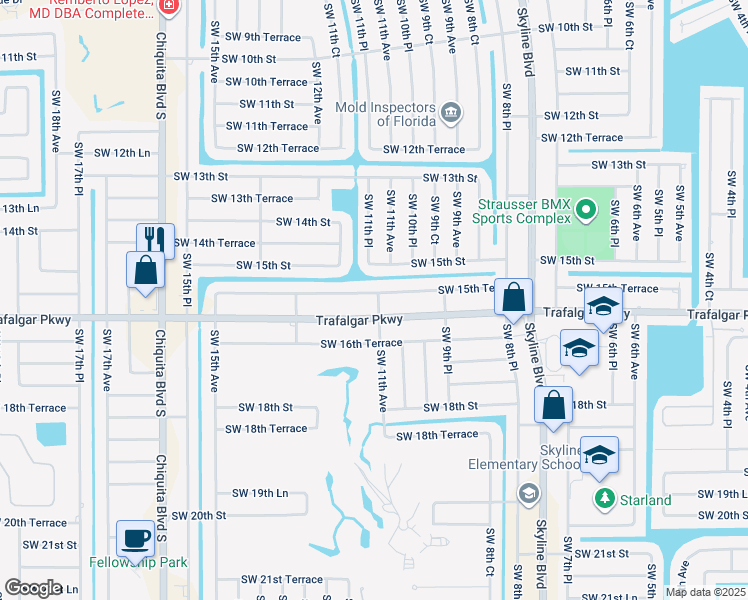 map of restaurants, bars, coffee shops, grocery stores, and more near 1018 Southwest 15th Terrace in Cape Coral