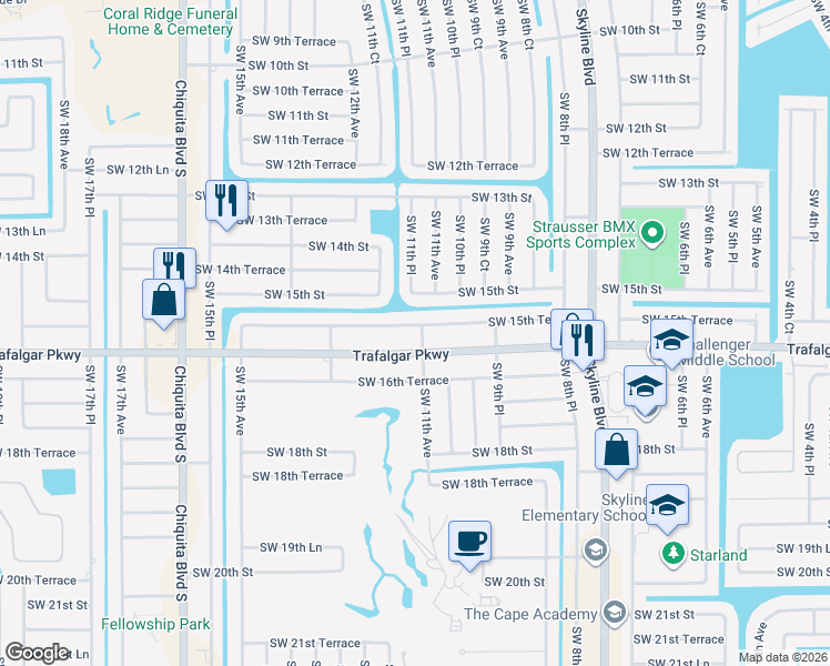 map of restaurants, bars, coffee shops, grocery stores, and more near 1018 Southwest 15th Terrace in Cape Coral