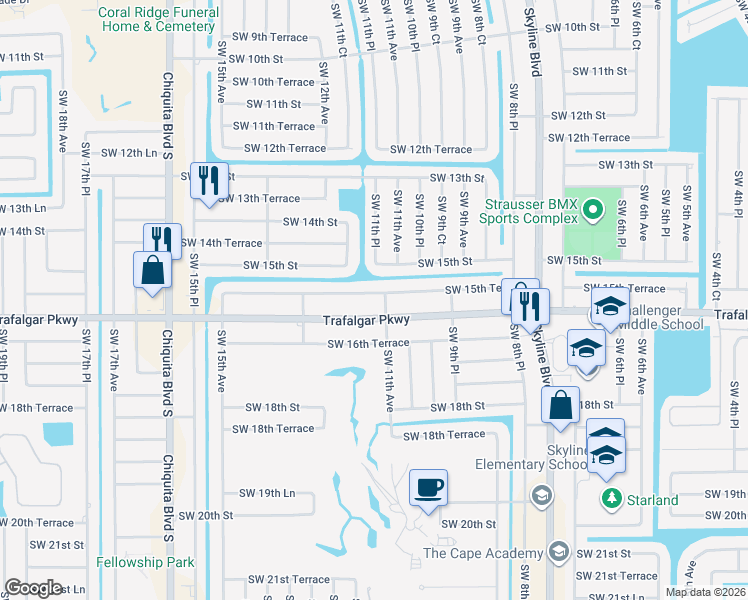 map of restaurants, bars, coffee shops, grocery stores, and more near 1106 Southwest 15th Terrace in Cape Coral