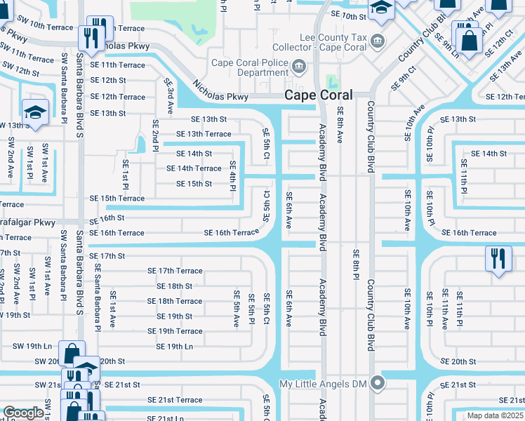 map of restaurants, bars, coffee shops, grocery stores, and more near 1522 Southeast 5th Court in Cape Coral