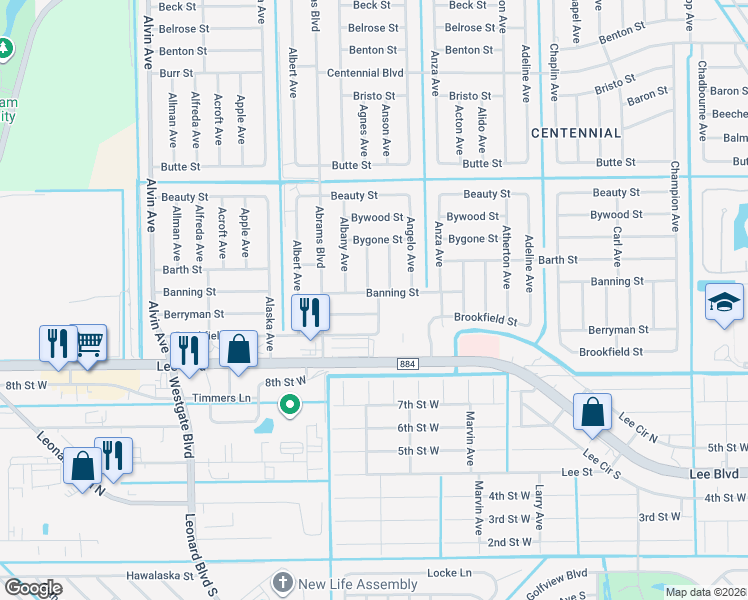 map of restaurants, bars, coffee shops, grocery stores, and more near 5401 Banning Street in Lehigh Acres