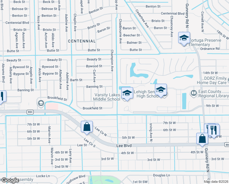 map of restaurants, bars, coffee shops, grocery stores, and more near 818 Champion Avenue in Lehigh Acres