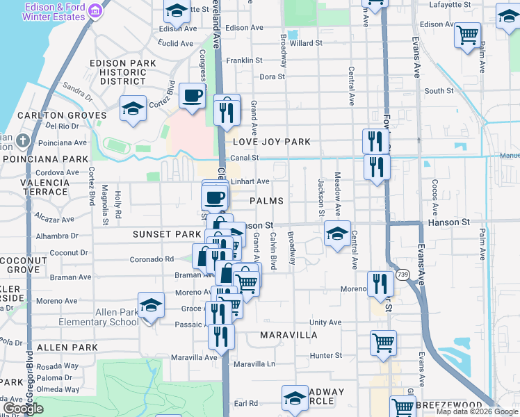 map of restaurants, bars, coffee shops, grocery stores, and more near 2947 Grand Avenue in Fort Myers