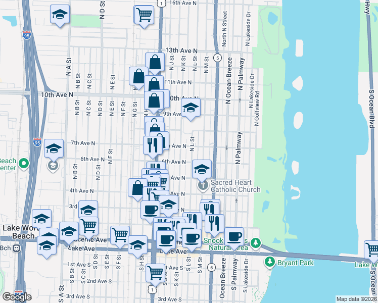 map of restaurants, bars, coffee shops, grocery stores, and more near 626 North K Street in Lake Worth Beach