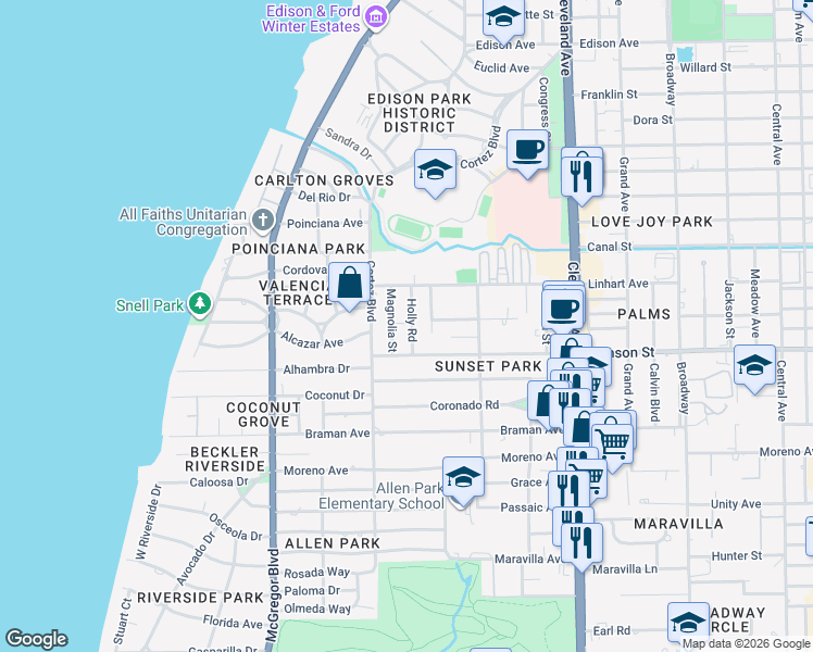 map of restaurants, bars, coffee shops, grocery stores, and more near 2950 Holly Road in Fort Myers