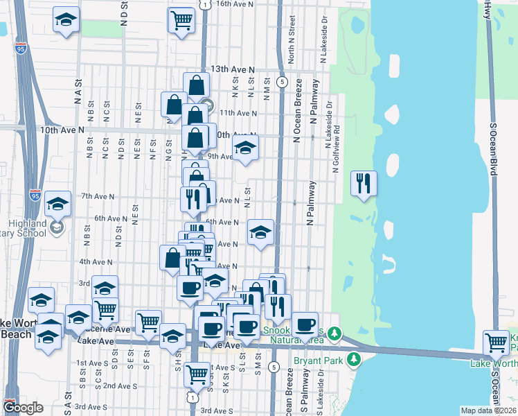 map of restaurants, bars, coffee shops, grocery stores, and more near 623 North M Street in Lake Worth Beach