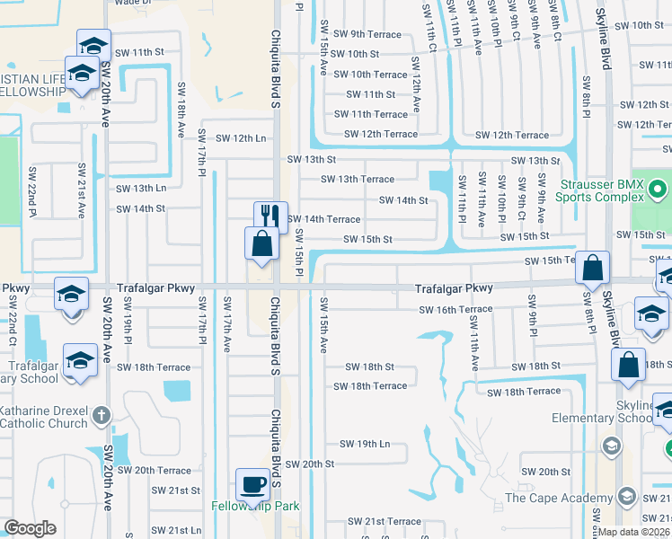 map of restaurants, bars, coffee shops, grocery stores, and more near 1522 Southwest 15th Avenue in Cape Coral