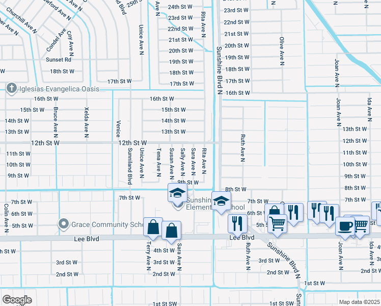 map of restaurants, bars, coffee shops, grocery stores, and more near 915 Sara Avenue North in Lehigh Acres