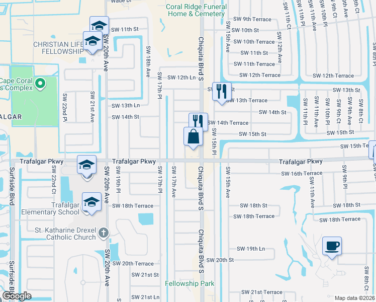 map of restaurants, bars, coffee shops, grocery stores, and more near 1526 Chiquita Boulevard South in Cape Coral