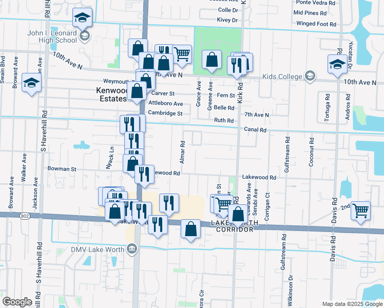 map of restaurants, bars, coffee shops, grocery stores, and more near 3647 Laurette Lane in Lake Worth