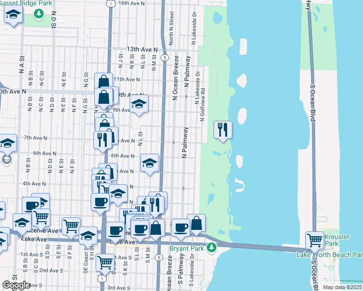 map of restaurants, bars, coffee shops, grocery stores, and more near 627 N Palmway in Lake Worth