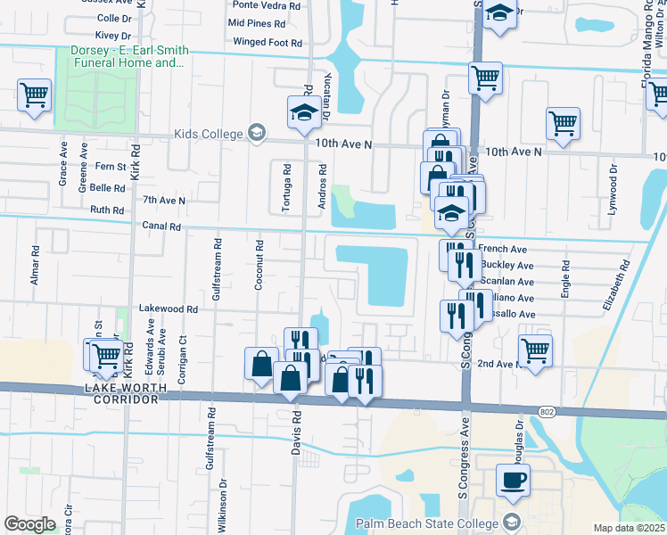 map of restaurants, bars, coffee shops, grocery stores, and more near 5701 Waterview Circle in Palm Springs