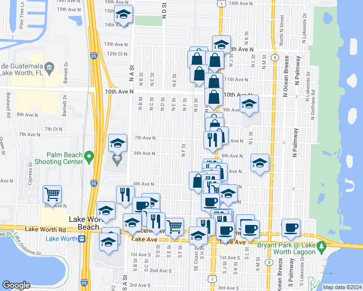 map of restaurants, bars, coffee shops, grocery stores, and more near 621 North F Street in Lake Worth