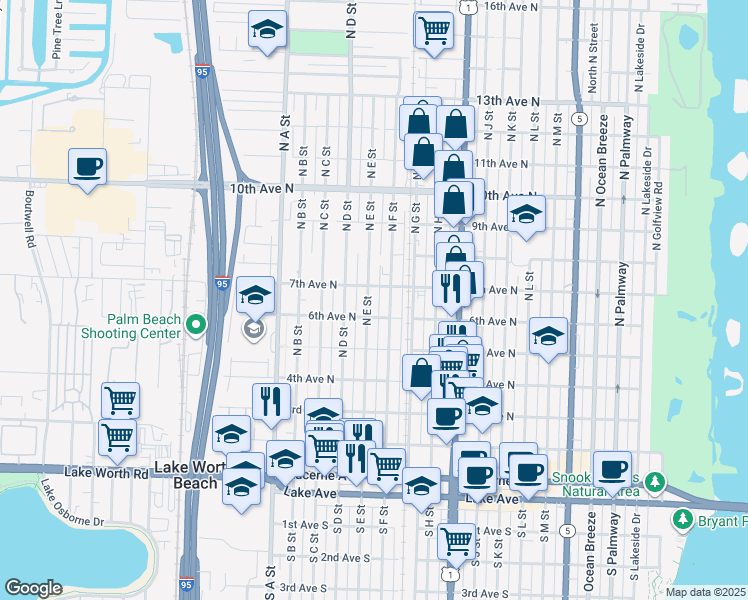 map of restaurants, bars, coffee shops, grocery stores, and more near 620 North E Street in Lake Worth