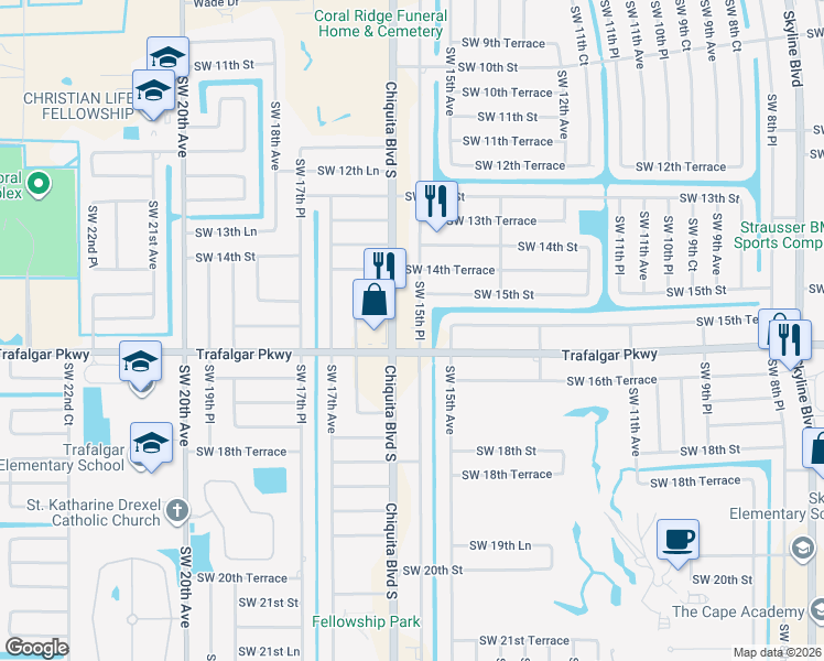 map of restaurants, bars, coffee shops, grocery stores, and more near 1526 Southwest 15th Place in Cape Coral