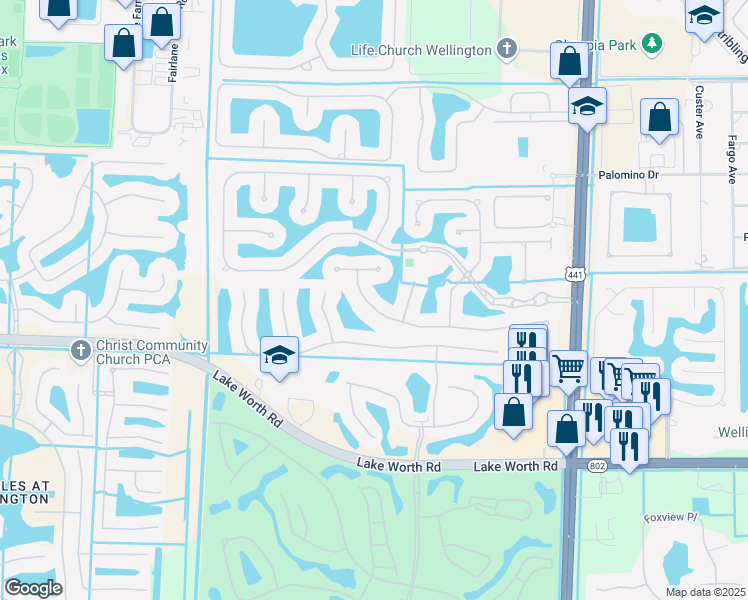 map of restaurants, bars, coffee shops, grocery stores, and more near 10460 Trianon Place in Wellington