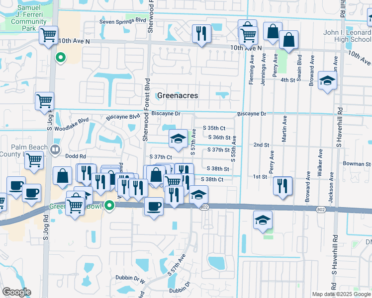 map of restaurants, bars, coffee shops, grocery stores, and more near 5775 South 37th Street in Greenacres
