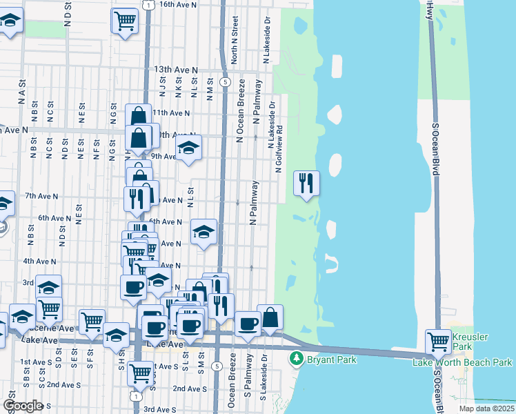 map of restaurants, bars, coffee shops, grocery stores, and more near 627 North Palmway in Lake Worth