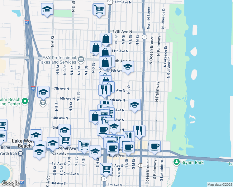 map of restaurants, bars, coffee shops, grocery stores, and more near 620 North Dixie Highway in Lake Worth
