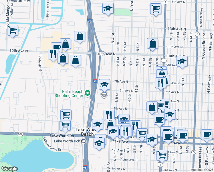 map of restaurants, bars, coffee shops, grocery stores, and more near 614 Highland Avenue in Lake Worth