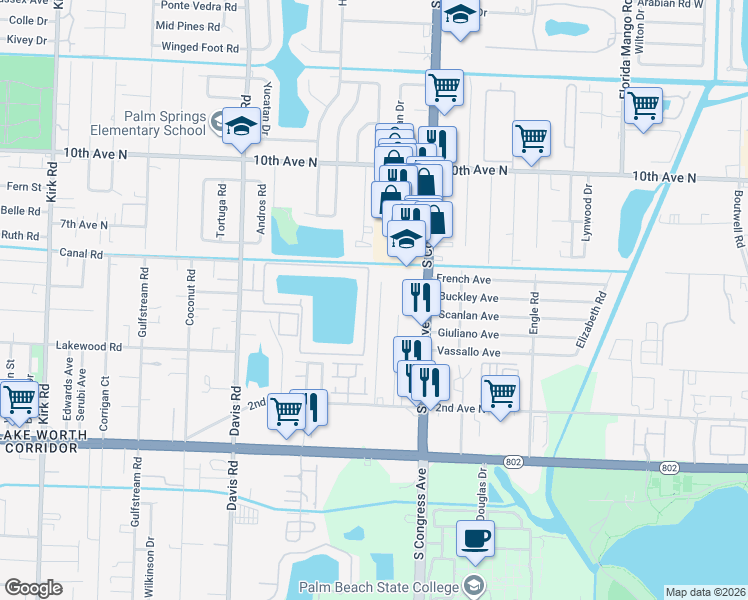 map of restaurants, bars, coffee shops, grocery stores, and more near 3593 Elizabeth Street in Palm Springs