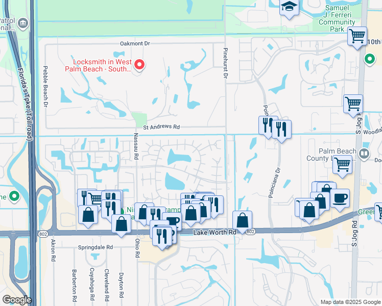 map of restaurants, bars, coffee shops, grocery stores, and more near 307 Cape Cod Circle in Lake Worth