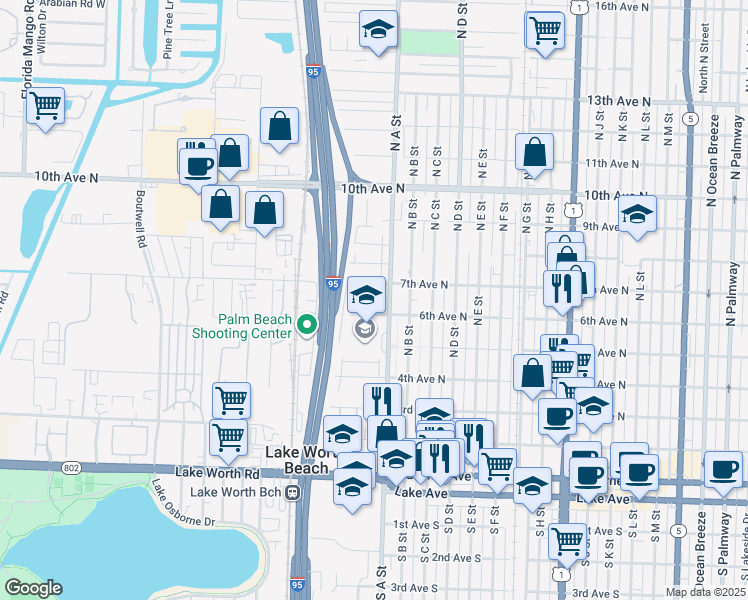 map of restaurants, bars, coffee shops, grocery stores, and more near 614 Highland Avenue in Lake Worth