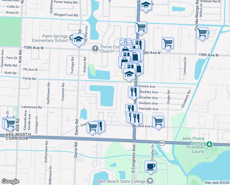 map of restaurants, bars, coffee shops, grocery stores, and more near 3402 Waterview Circle in Palm Springs