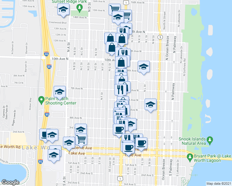 map of restaurants, bars, coffee shops, grocery stores, and more near 622 North H Street in Lake Worth
