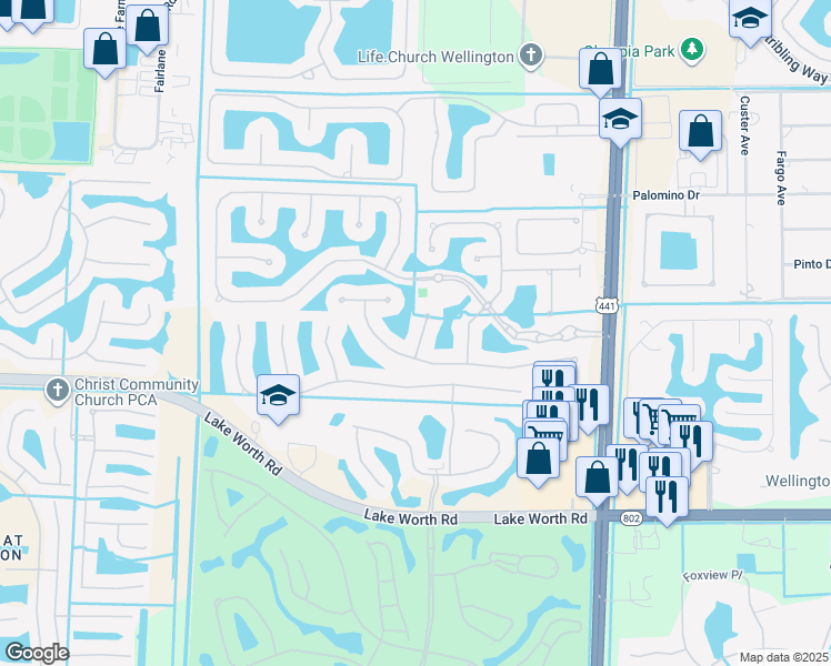 map of restaurants, bars, coffee shops, grocery stores, and more near 3605 Royalle Terrace in Wellington
