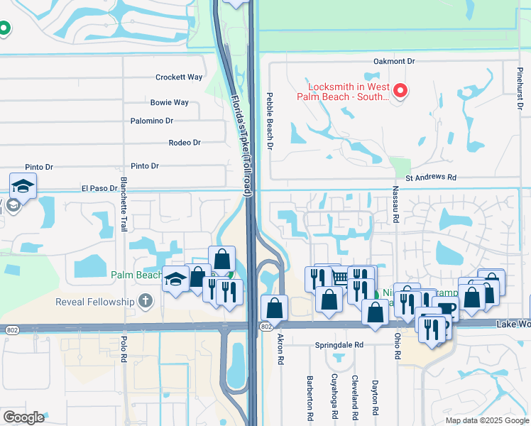 map of restaurants, bars, coffee shops, grocery stores, and more near 119 Willow Springs Drive in Lake Worth