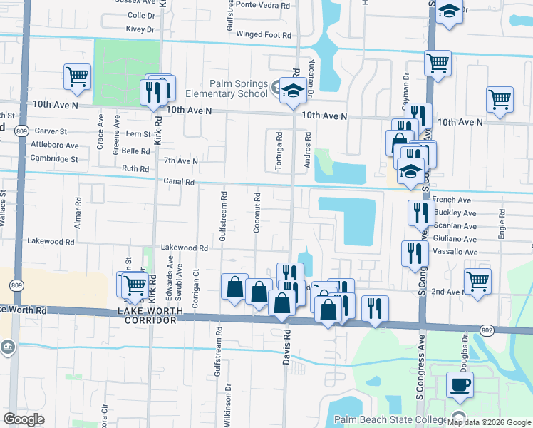 map of restaurants, bars, coffee shops, grocery stores, and more near 3588 Hunt Road in Lake Worth