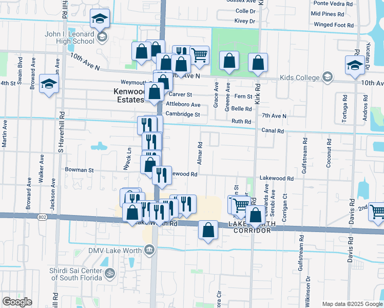 map of restaurants, bars, coffee shops, grocery stores, and more near 3650 Patio Ct in Lake Worth