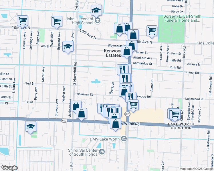 map of restaurants, bars, coffee shops, grocery stores, and more near 3724 Mil-Lake Circle in Greenacres