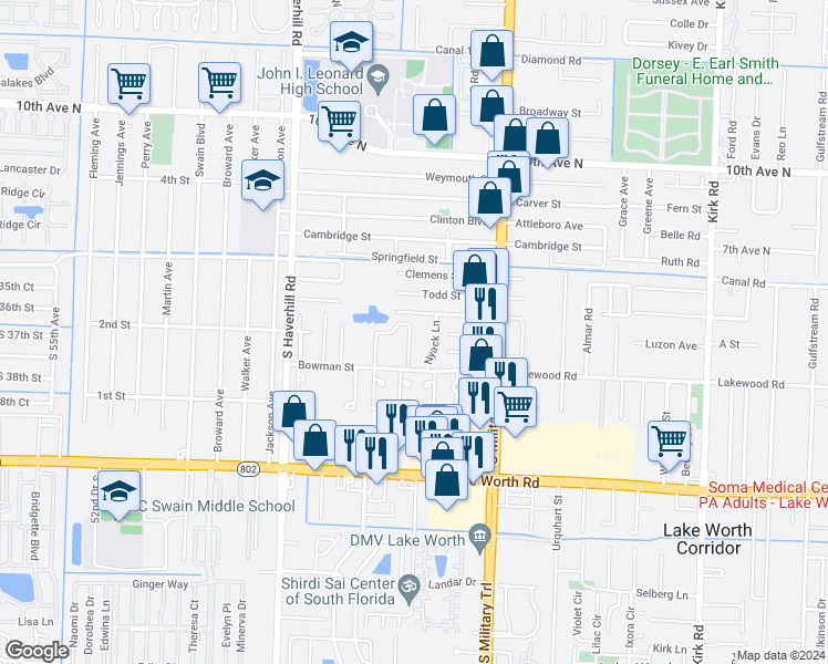map of restaurants, bars, coffee shops, grocery stores, and more near 3724 Mil-Lake Circle in Greenacres