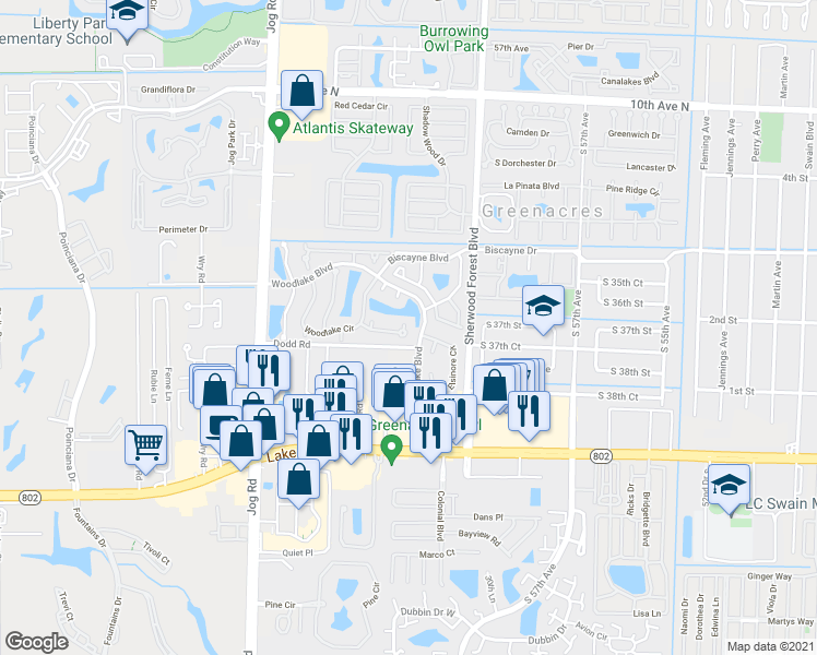 map of restaurants, bars, coffee shops, grocery stores, and more near 6100 Newstead Court in Greenacres