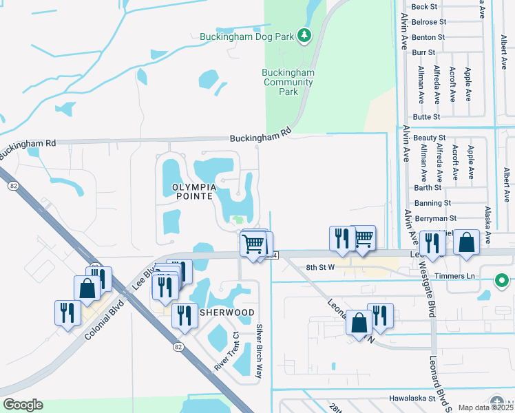 map of restaurants, bars, coffee shops, grocery stores, and more near 8580 Athena Court in Lehigh Acres