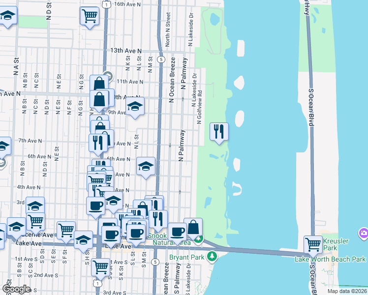 map of restaurants, bars, coffee shops, grocery stores, and more near 630 North Palmway in Lake Worth