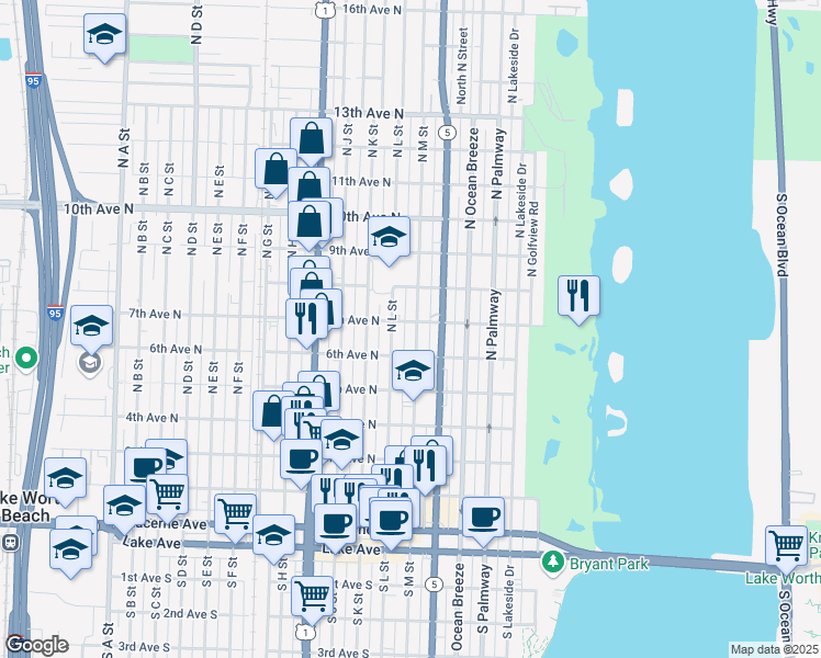 map of restaurants, bars, coffee shops, grocery stores, and more near 625 North M Street in Lake Worth