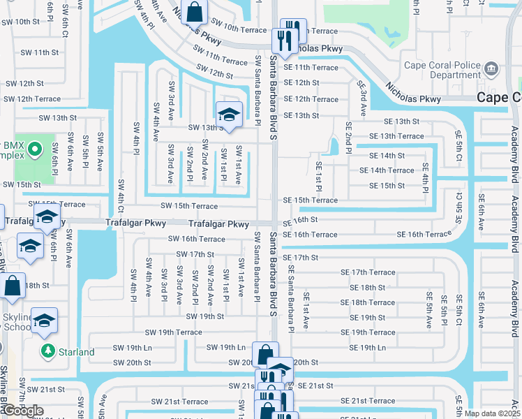 map of restaurants, bars, coffee shops, grocery stores, and more near 1525 Southwest Santa Barbara Place in Cape Coral