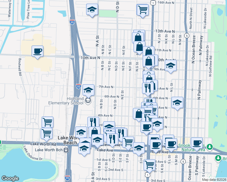 map of restaurants, bars, coffee shops, grocery stores, and more near 619 North D Street in Lake Worth