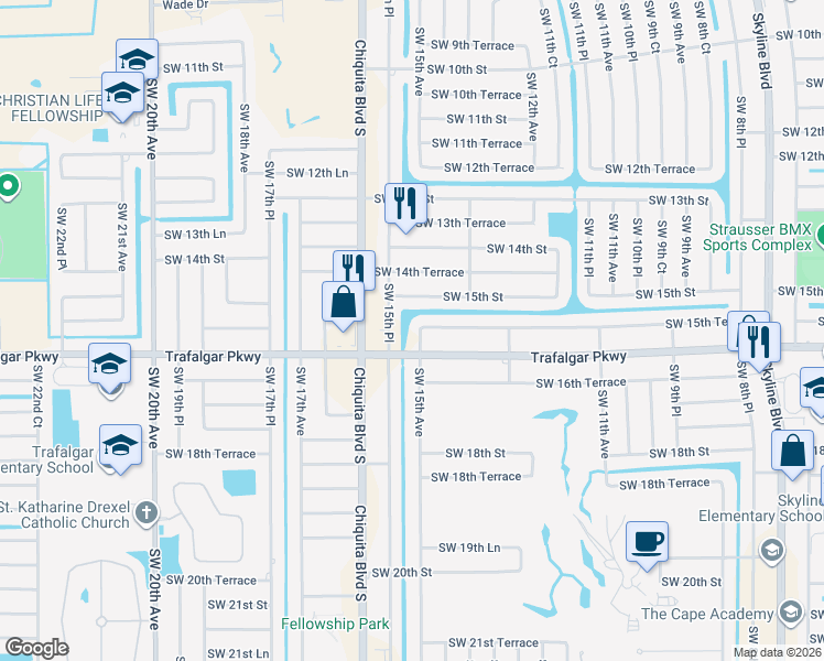 map of restaurants, bars, coffee shops, grocery stores, and more near 1522 Southwest 15th Avenue in Cape Coral