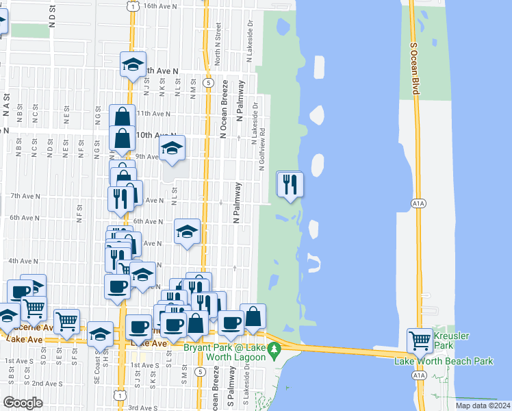 map of restaurants, bars, coffee shops, grocery stores, and more near 632 North Lakeside Drive in Lake Worth
