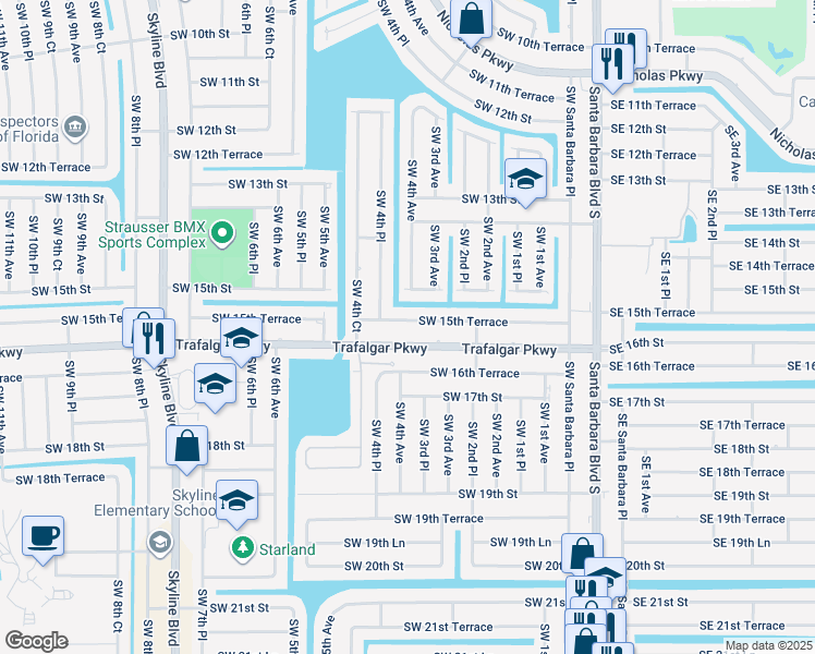 map of restaurants, bars, coffee shops, grocery stores, and more near 402 Southwest 15th Terrace in Cape Coral