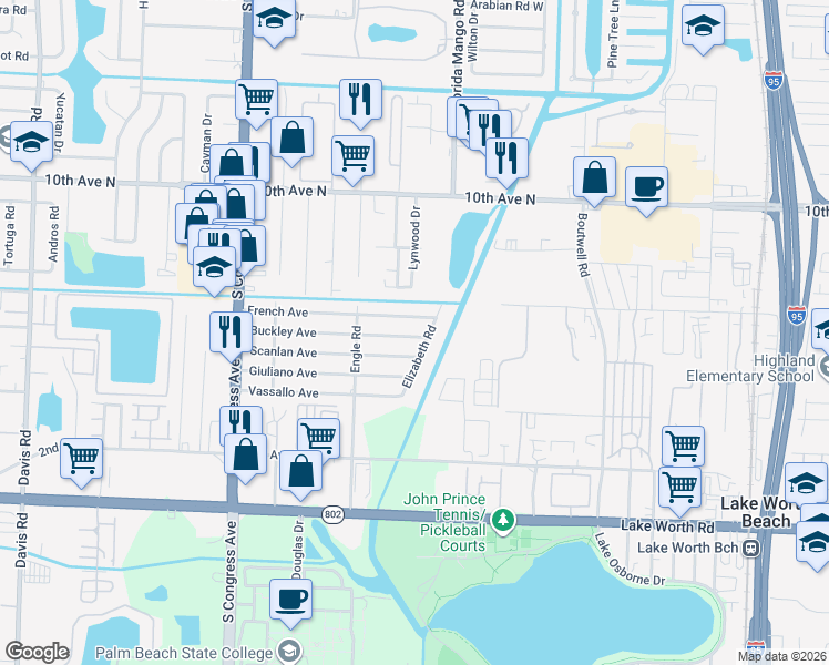 map of restaurants, bars, coffee shops, grocery stores, and more near 2820 Buckley Avenue in Lake Worth
