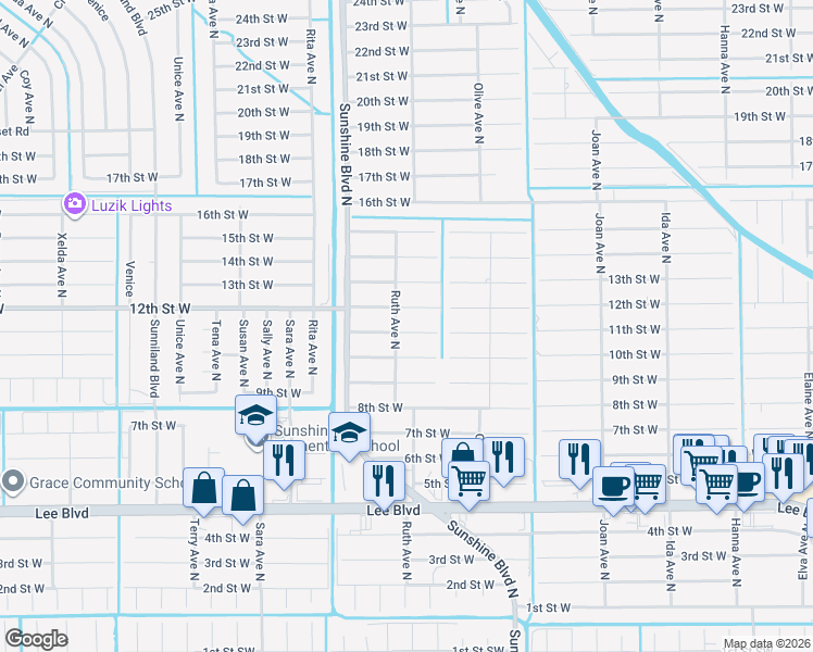 map of restaurants, bars, coffee shops, grocery stores, and more near 3314 11th Street West in Lehigh Acres