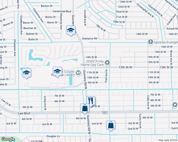 map of restaurants, bars, coffee shops, grocery stores, and more near 4322 11th Street West in Lehigh Acres